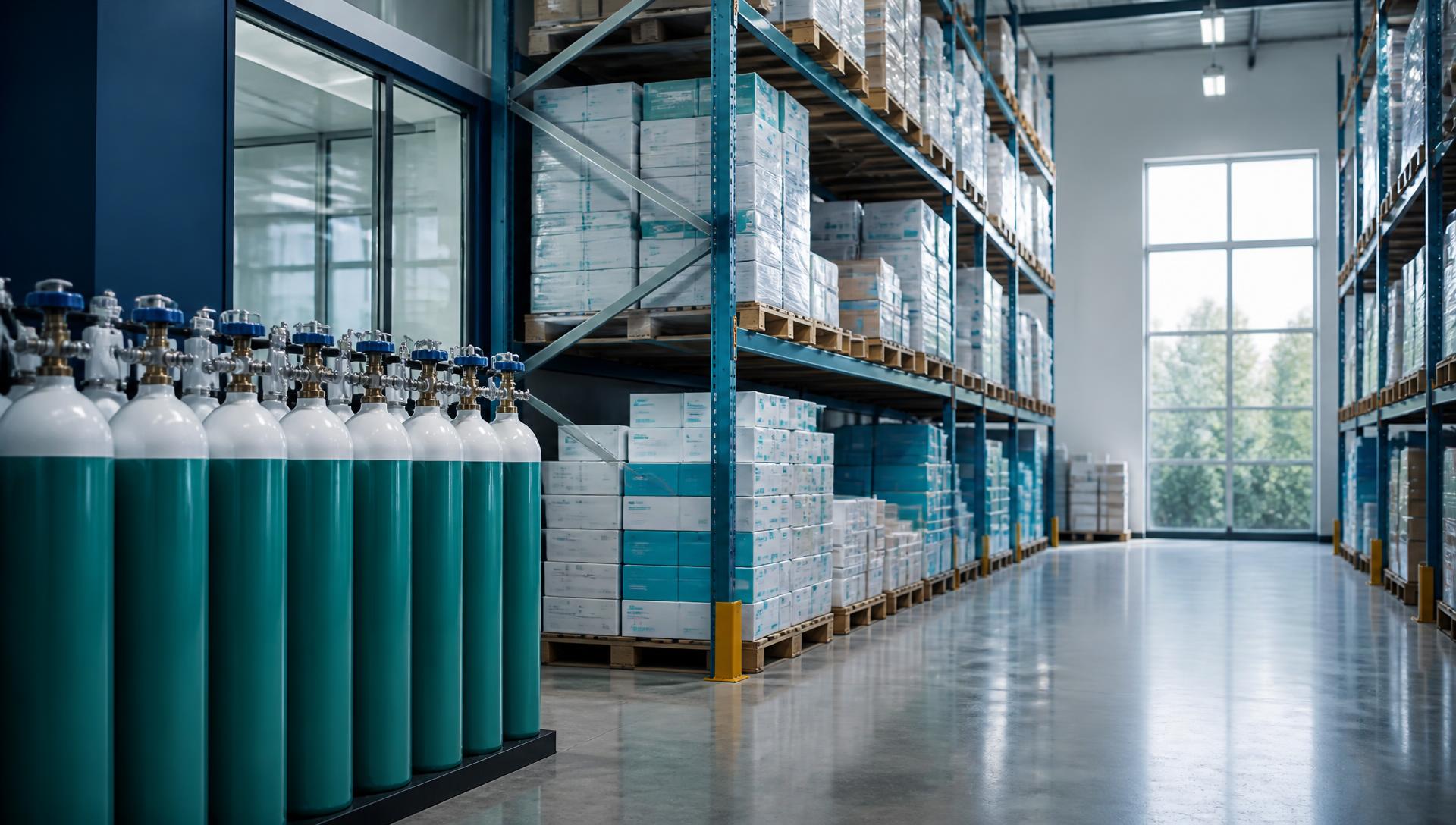 Medical supplies and oxygen cylinders in a distribution warehouse